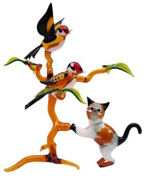 Preview: 2 Stieglitze auf Ast mit Katze, stehend