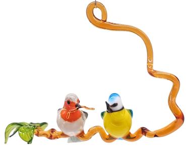 Preview: Hängevögel, Rotkehlchen mit Wurm und Blaumeise auf Ast