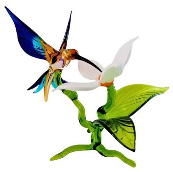 Preview: Blüte mit Kolibri stehend, (weiß/braun-hellblau-dunkelblau)