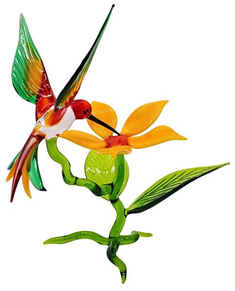 Blüte mit Kolibri, stehend - Blüte gelb/ K. rot-gelb-dunkelgrün